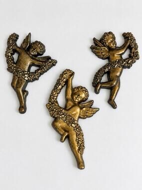 Vintage Syroco Inc 1997 Cherub Putti Wall Plaques Set 3 Made USA Gold Tone